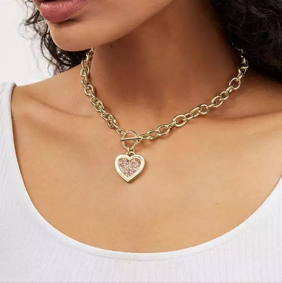 🩷 COACH Rare Pink Cubic Zirconia Pavé Crystal Heart Chain Toggle Necklace NWT - Picture 6 of 6